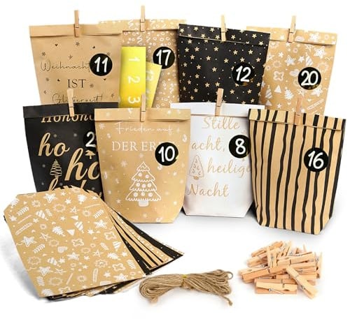 Adventskalender zum Befüllen Set,Geschenkidee für Familie,Kinder,Erwachsene | mit 24 Weihnachts-Papiertüten, Juteseil, Aufkleber& Holzklammern - Tradition und Vorfreude selbst gestalten