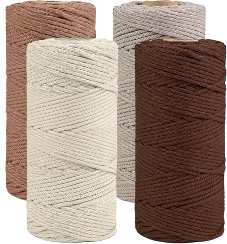 Fil de macramé, 3 mm x 400 m (Lot de 4 Couleurs : écru/Marron foncé/Taupe Simple/Mocca) DIY Fil de Coton Naturel pour Plante Murale, Artisanat