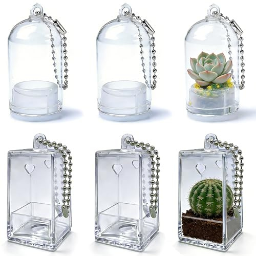 Niuhong 6 Pcs Mini Llavero Jarrones Plástico Sin Plantas Macetas Transparentes Miniatura con Cordón Jardineras Decorativas Maceta Bricolaje para Accesorios Suculentos Cactus (A)