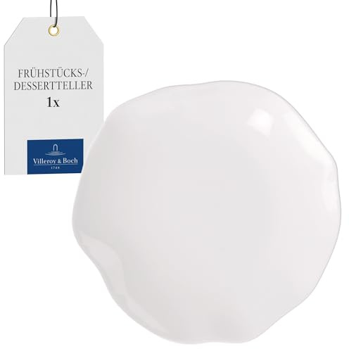 Villeroy & Boch – Pura Frühstücks-/Dessertteller, ca. 22 × 22 × 2,5 cm, Reinweiß, spülmaschinenfest & mikrowellensicher, fließende Form, Premium Bone Porzellan made in Germany