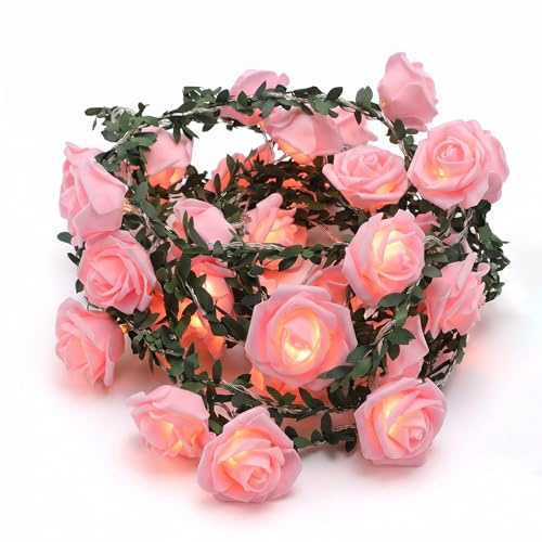 Rose Fairy String Lights 6M 40 LED Artificial Rose Garland Light Flower Garland with String Lights Pink Battery Powered Fairy Lights for Wedding Mother's Day Valentine's Day Girls Bedroom Party