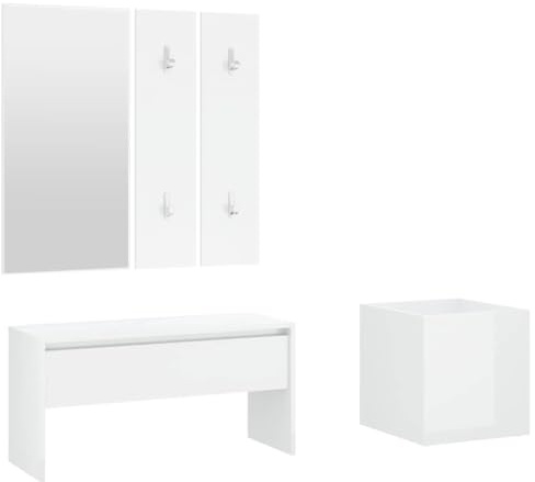 Mhdvray Ensemble de Meubles de Couloir 5 Pièces, Vestiaire d'Entrée Blanc Brillant avec Banc à Tiroir, Miroir, 2 Panneaux Porte-Manteaux et Jardinière, Bois d'Ingénierie, Style Moderne