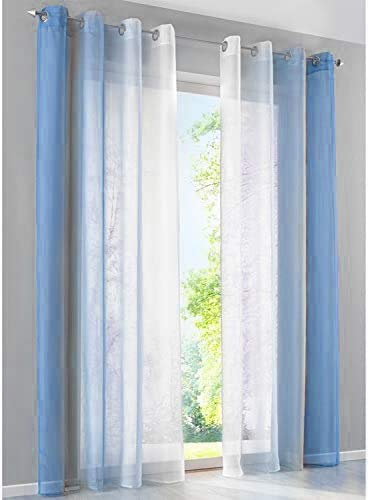 SIMPVALE Gardinen mit Ösen Farbverlauf 2er Set, Vorhang Transparent für Wohnzimmer Kinderzimmer Mädchenzimmer, Lichtdurchlässig Ösenschals Voile Weiß Blau Breite 140 Höhe 175 pro Stück