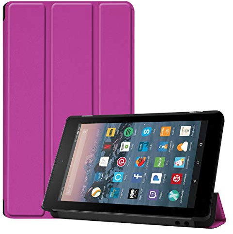SATURCASE Case for Amazon Fire 7 2019 Released (9th Generation), PU Leather Flip Foldable Folio Stand Protective Tablet Cover with Auto Sleep/Wake Function (Purple)