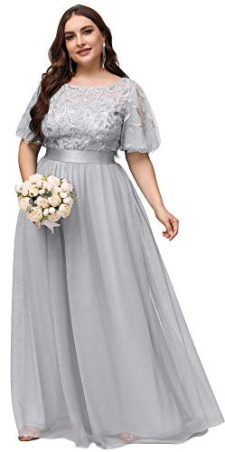 Ever Pretty Women's Short Sleeve Empire Wiast A Line Long Tulle Elegant Plus Size Bridesmaid Dress Grey 20UK