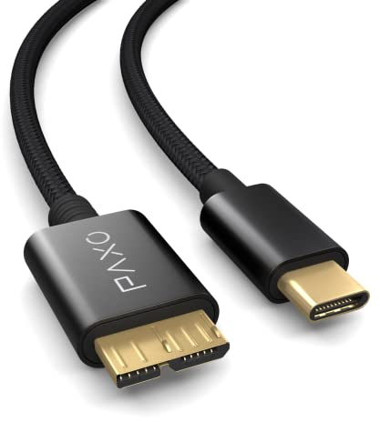 PAXO 0,3m Nylon USB C-MICRO USB 3.2 Gen2 Festplattenkabel, 10Gbit/s, USB HDD Kabel, Datenkabel, Ladekabel schwarz, USB C Stecker auf Micro B Stecker