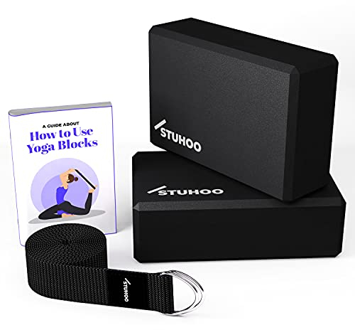 STUHOO Yoga Block Set of 2 & Strap - Sturdy EVA Foam Blocks & Lightweight Black Cotton Strap - Enhance Poses & Stability for Yoga & Pilates