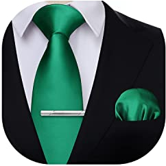 HISDERN Krawatte für Herren Grün - Krawatte mit Einstecktuch Krawattenklammer Hochzeit Einfarbig Seide Krawatten und Taschentuch Set für Männer