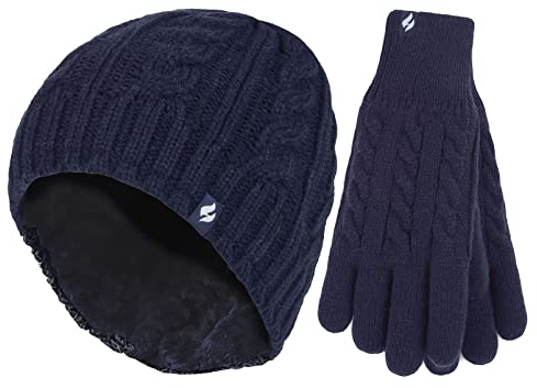 HEAT HOLDERS - Damen Mütze und Handschuh-Set für Winter | Extra Warm Beanie und Mütze mit Fleece Gefüttert (M-L, Marine)