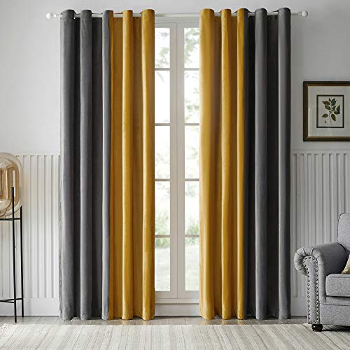 OMMATO Verdunkelungsvorhang Samt Vorhänge mit Ösen 2 Stücke Thermogardine Ösen Vorhang Schwere Spleißen Verdunkelungsgardinen für Schlafzimmer Wohnzimmer 132x145 cm Grau Zimt