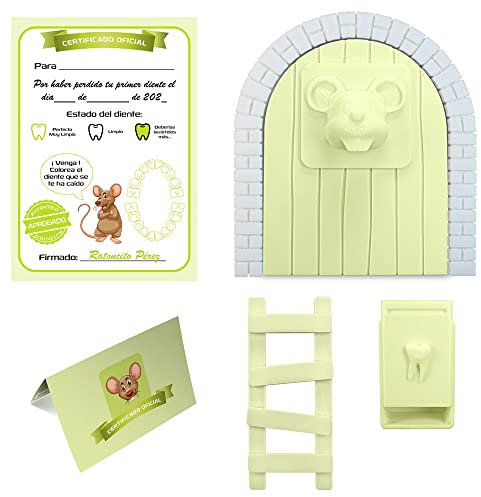 Myfuturshop® Ratoncito Pérez Puerta mágica, Caja para el Diente, Escalera, 4 certificados de Diente Limpio. Regalo Original para niño y niña. Vainilla