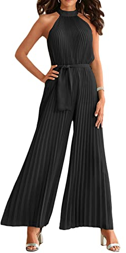FeMereina Frauen Sexy Sommer Plissee Jumpsuit Neckholder Ärmellos Weites Bein Lange Hose Gürtel Strampler Einteiler Party Outfit, Schwarz , Medium