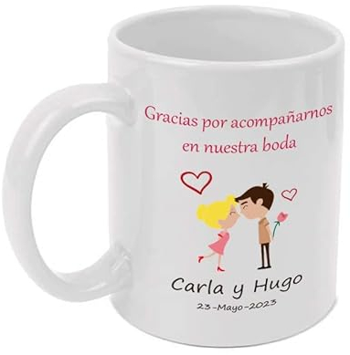 Taza Personalizada para bodas. Detalles para invitados en Bodas. Añade los nombres y la fecha de boda. Regalo Original. Capacidad 350 ml. (Pareja flor y corazones)