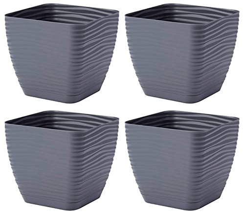 AC - Pack de 4 Macetas Cuadrada de 15 cm con Plato Discreto, Diseño Sahara, Fabricado en España, jardín Exterior, terraza o balcón, Color Antracita