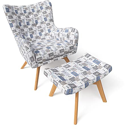 Supellex Sessel Manhattan mit Hocker, Design Patchwork Maritime Motive