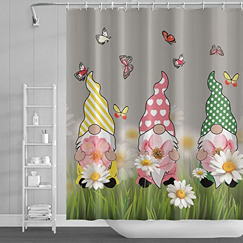 Ttincceer 180x180cm GNOME Duschvorhang Bunte Zwerg Gras Blume Badezimmer Vorhang Frühling Sommer Pflanze Schmetterling Duschvorhänge Wasserdicht Badewanne Vorhang mit Haken