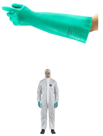 AlphaTec 37-185 Chemical-Resistant Gloves, Liquid and Splash Protection, Green, Size L (1 Pair) + AlphaTec 1500 Model 138,Disposable Work Overall, Chemical Protection Type 5/6 ,White, Size XL (1 Unit)