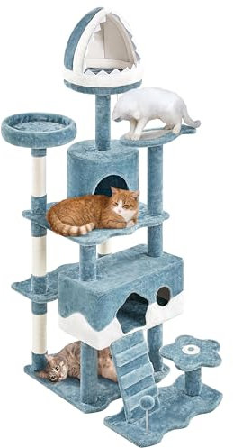 Abician Arbre à Chat Océan Griffoir à Grimper 93 x 55 x 184 cm 2 Niches Échelle Pratique Perchoirs en Sisal Bleu