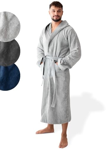 SIEGENTHAL® Herren Bademantel Frottee Velour 100% Baumwolle mit Kapuze Flauschig - Hellgrau M - L