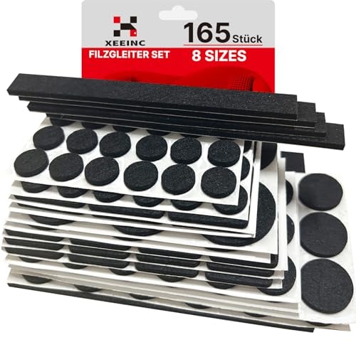 XEEINC Fieltro Adhesivo Muebles 165 Piezas, Almohadillas Fieltro Protector Patas Sillas con 8 tamaños, 3mm de Espesor, Protector Muebles - Negro