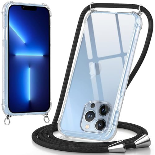 Oelrstfe handyband Hülle mit Band für iPhone 13 Pro Max, Handyband zum Umhängen Handy Umhängeband Transparent TPU Stoßfest Silikon Handyhülle mit Kette für iPhone 13Pro Max, Schwarz