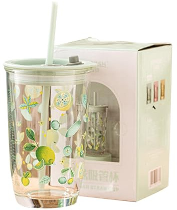 soulnioi Gobelet en verre vert de 400 ml avec échelle, paille et couvercle, bocal en verre portable avec motif, pour café, jus, milkshake (vert)