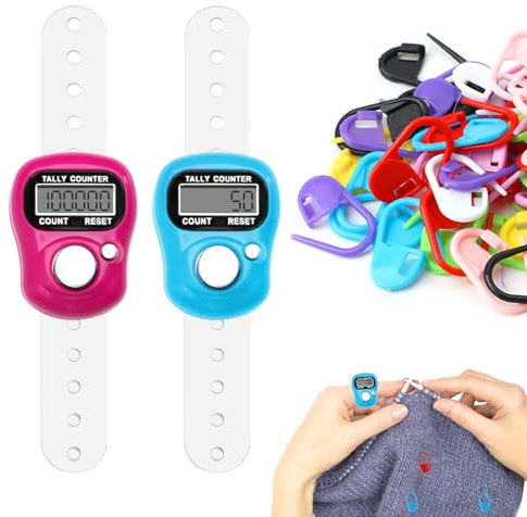 2 Stücke Elektronische Fingerzähler, Digitale Fingerzähler, Mini Elektronischer Reihenzähler mit 50 Strickmaschenmarkierer Häkel-Verschlussclip Bunte Strickmarkierer Zufällige Farbe