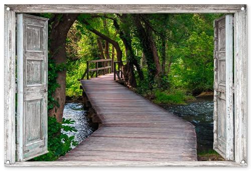 MuchoWow© Gartenposter Groß XXL Outdoor Bilder Gartendeko für draußen | 120x80 cm - Wetterfest Garten Zaun Deko Banner Bild Gartenzaun Brücke - Wald - Fensterblick