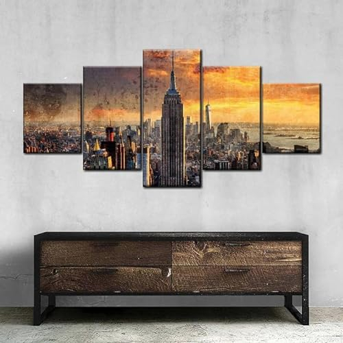WKXTECZT Moderne Bilder Wohnzimmer 5 Teiliger NY New York USA Skyline Poster Mit Rahmen Hd Für Heimdekoration Personalisierte Bilder Leinwandbilder Xxl