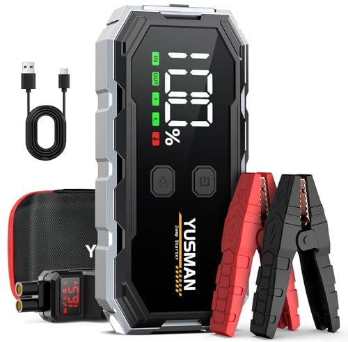 YUSMAN Booster Batterie Voiture - 4000A Démarreur Batterie Voiture Supersafe(Jusqu'à 7L GAS/5.5L Diesel), 12V Jump Starter avec LED, 5 V/3A, QC3.0,Sortie USB, Pince Sécurité Intelligentes et Ecran LCD