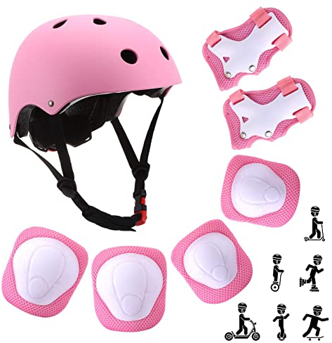 mopalwin Casque Vélo Enfant, Sets de Protection Rollers, Casque Ajustable Coudières Genouillère Protège-Poignets Protections Sports pour Patin Vélo Skateboard Scooter Roller Hoverboard (Rose)