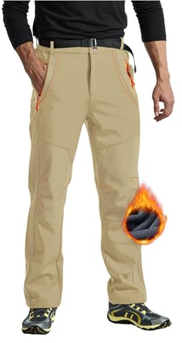 Rdruko Pantaloni da sci da uomo, impermeabili, invernali, in softshell, antivento, caldi, invernali, imbottiti, per snowboard, trekking, con tasche, Cachi piatto, XL