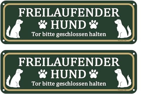 Phyabe Freilaufender Hund Warnschild 2 Stück, 25 x 8 cm, Aluminium, vert | Achtung Hund Tor bitte geschlossen halten Schilder, wetterfest, rostfrei, mit vorgebohrten Löchern, Gewerbe & Privatbereich