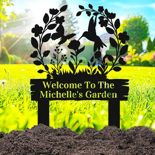 Custom Flowers Butterfly & Bird Garden Sign with Stakes, Personalized Floral Animals Garden Stake Metal Yard Sign, Customized Flower Metal Art Yard Plaque Lawn Sign