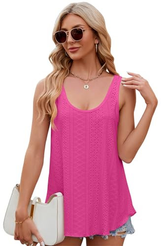 Débardeur Femme Été Tee Shirt sans Manche Femme Haut Chic et Élégant Tank Top Col Rond Sangle Caraco Décontractée Ample Camisole S-XXL Rose Vif L