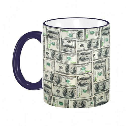 HWFOI Mug en porcelaine fin – Tasses de 11oz 330ml - Cadeau Collègue Retraite - Idée Cadeau Original,Contexte monétaire Billets en dollars Une pile de billets de cent dollars américain,Bleu marine,