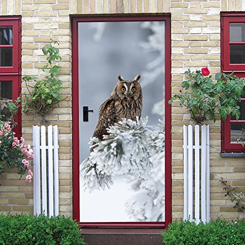 3D Tür Wandaufkleber Verschneite Eule Fototapete Türfolie Poster Tapete Aufkleber DIY Selbstklebende Wandbild PVC Wasserdichte Tapete B90 x H200cm