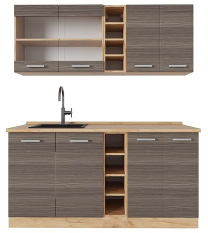 Vicco Singleküche R-Line, Küchenzeile Single, Edelgrau/Goldkraft Eiche, 160 cm, AP Eiche