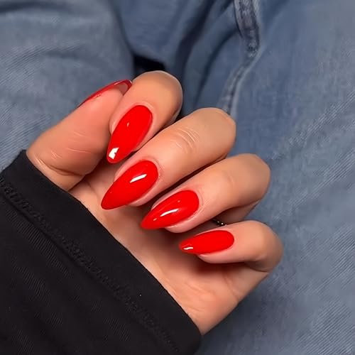 SXVME 48 Pcs Red Press on Nails Almond Medium Acrylic False Nails Medium Stiletto Natural Fake Nail Set Elegant Solid Color Full Cover Glossy Gel Stick on Nails for Women Daily Wear