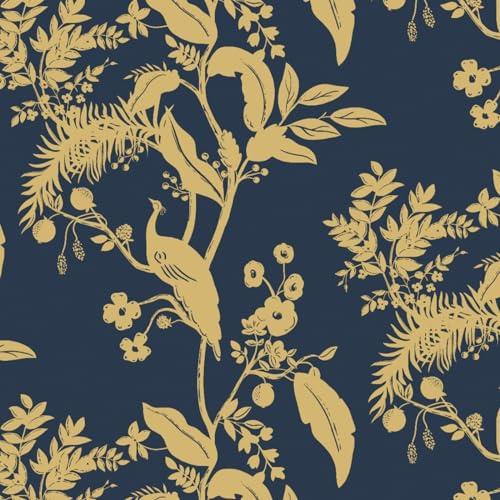Fiula Blue Self Adhesive Wallpaper 44CMx20M Peel and Stick Wallpaper Bird Navy and Gold Vinyl Warp Floral Leaf Sticky Back Contact Paper Vintage Furniture Sticker Living Room Bedroom Waterproof Animal