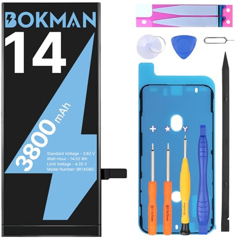 bokman Batterie pour iPhone 14, 3800mAh Haute capacité Batterie avec Tous Les Kits d'outils