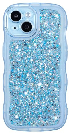 ZTOFERA Sparkly Sequins Wavy Case for iPhone 13 (6.1), Blue | Cute Girly Women Case, Curly Wave Frame Shape, Bling Shiny Glitters, Clear Soft TPU Back Case, Shockproof Protective Cover