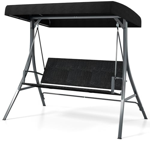 COSTWAY Balancelle de Jardin 3 Places avec Toit Réglable, Balancelle Jardin Extérieur en Métal avec Assise et Dossier en Rotin, Charge Max 450kg pour Cour Terrasse Balcon, 118x192x165 cm