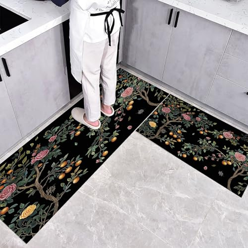 2-Piece Rug Set Non-Slip Kitchen Mat Rug Set, Chinese Style Flowers Washable Floor Kitchen Runner Mats and Rugs, Apricot Tree Plant Hallway Carpet for Dining Room Entryway 45×75cm+45×150cm Black