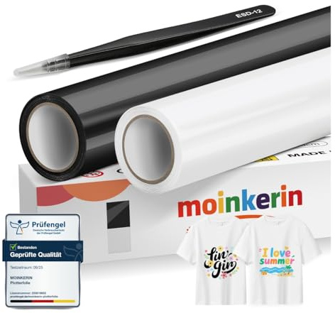 moinkerin Plotterfolie Textil Weiß und Schwarz mit Pinzette 30,5x400 cm | 2 Rollen Haftstark & Waschbeständig für Kleidungs-DIY, T-Shirt, Hüte, Andere Stoffe | Iron On Folie für Schneidemaschinen