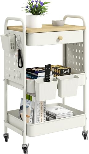danpinera 3 Tier storage trolley, Metal storage cart with DIY Pegboard & Drawer, storage trolley on wheels with Hooks & Hanging Cups for Living Room, Kitchen, Bathroom, Office, White