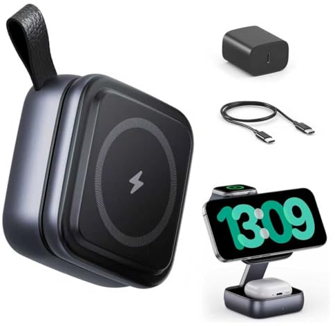 3 in 1 Wireless Charging Station for iPhone,Magsafe Charger for iPhone 17/16/15/14/13/12,Travel Magnetic Wireless Charger Stand for Apple Watch Ultra/11-1/SE, AirPods 4/3/2/Pro（Adapter included）