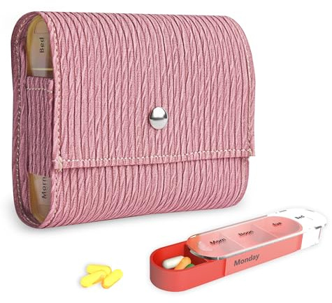 Tablettenbox 7 Tage 4 Fächer - Pillendose 4 mal am Tag mit Kunstleder Tasche und Namenskarte Medikamentenbox für Pillen Vitamin Fischöl für Morgens Mittags Abends Nachts(1-Holz Rosa)