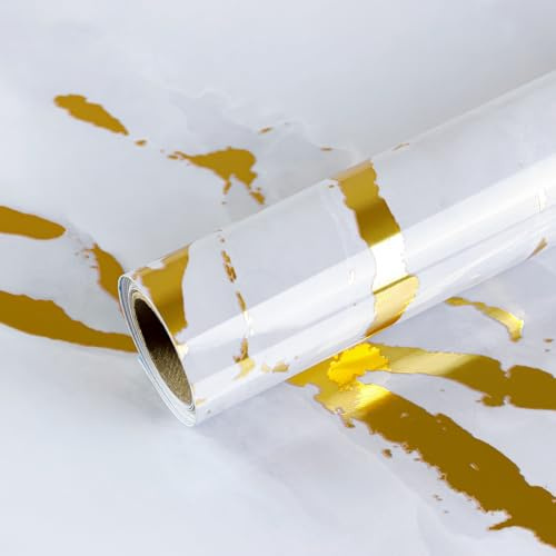 AuraCyzirine White Gold Marble Wallpaper Peel and Stick,Self Adhesive Glossy Marble Effect Wallpaper Roll,Waterproof Vinyl Film for Kitchen Countertop,Furniture,Walls,Bedroom,Living Room,40cm x 500cm