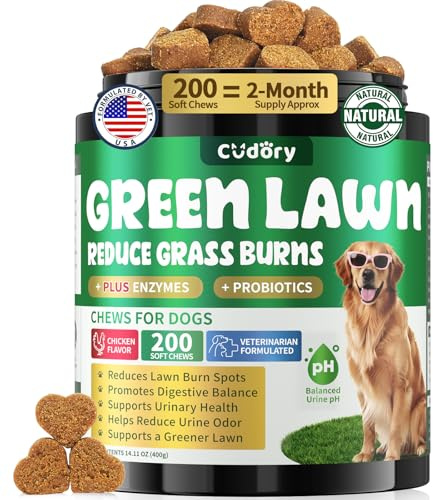 Cudory Grass Burn Spot Treats for Dogs - 200 Dog Urine Neutraliser Chews for Lawn Spots Prevention, Helps Yard Stay Green, Supports Urinary & Digestive Health with Probiotics & Enzymes (Chicken)